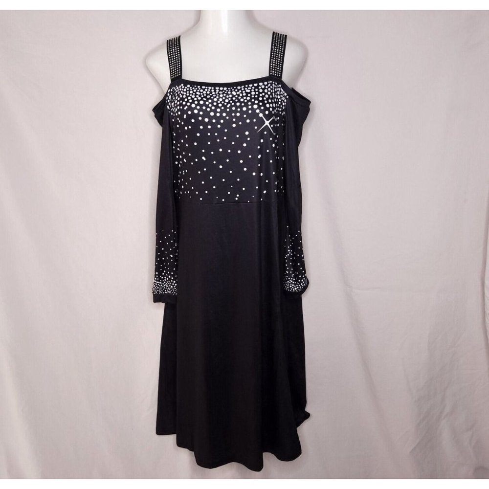Sheilay Rhinestone Print Cold Shoulder Dress Size 3XL A Line Long Black Womens